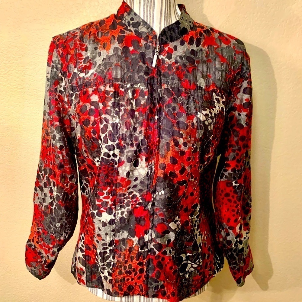 Ruby Rd. Blouse Size 14 Red Gray Animal Print Long Sleeve Zip-Up Semi-Sheer